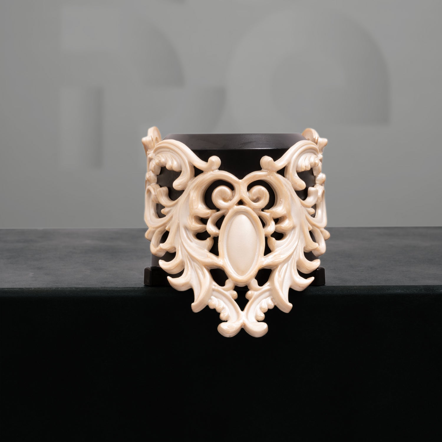 A pearl white 3D latex choker showcased on a black box, featuring the Code Berlin logo in the background