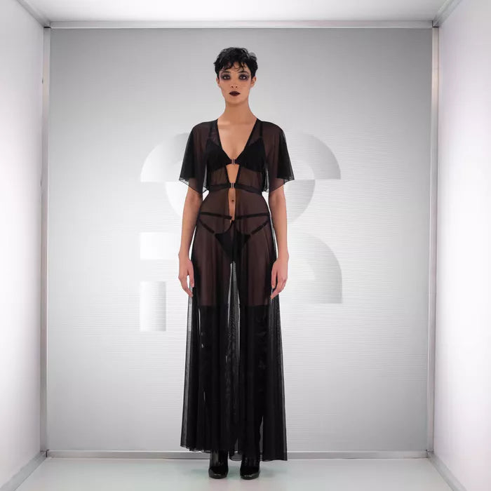 Flowing black sheer robe in a long cut, perfect for claiming the night's effortless elegance.