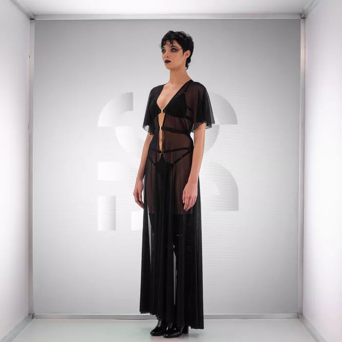 Flowing black sheer robe in a long cut, perfect for claiming the night's effortless elegance.