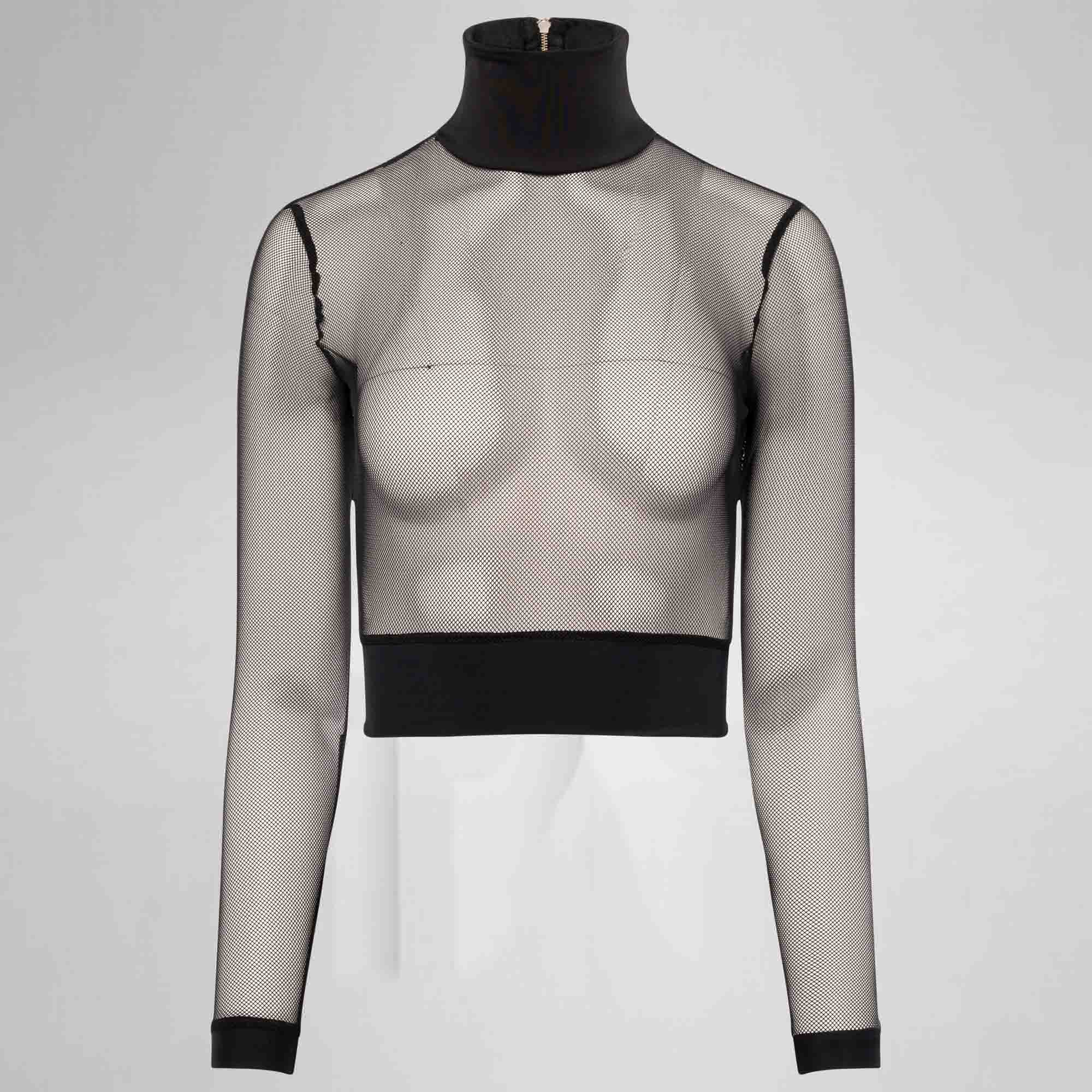Black mesh top with black ribbed collar and cuffs on a mannequin against a white background