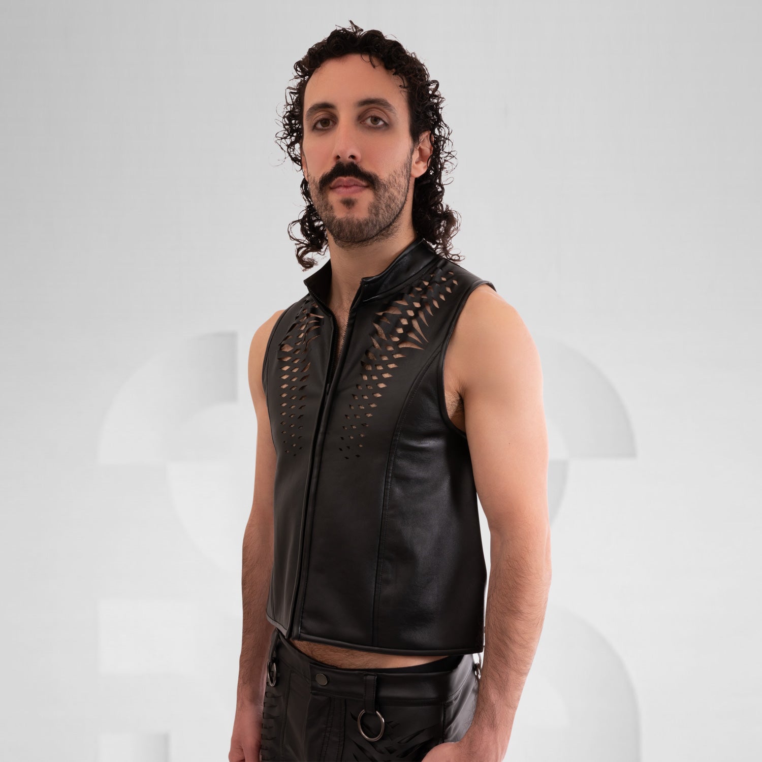 Faux Leather Vest with Center Front Zipper and Laser Cut Detail at the Back