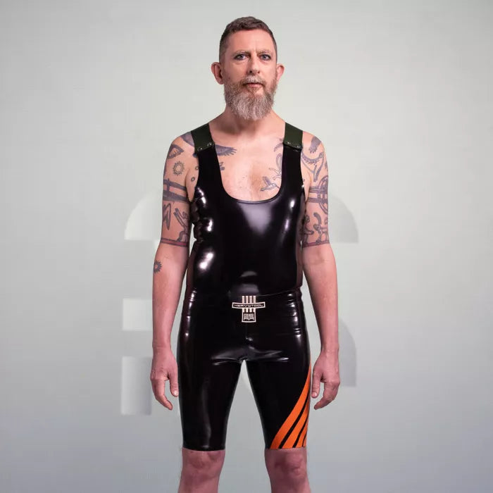 The image showcases striking black shorts with bold orange stripes from HeavyTool Gear. Crafted from glossy latex, these shorts provide a sleek, form-fitting silhouette that perfectly highlights your physique. The eye-catching design adds a sporty edge, making them ideal for both clubwear and edgy street fashion, ensuring you stand out no matter the occasion.
