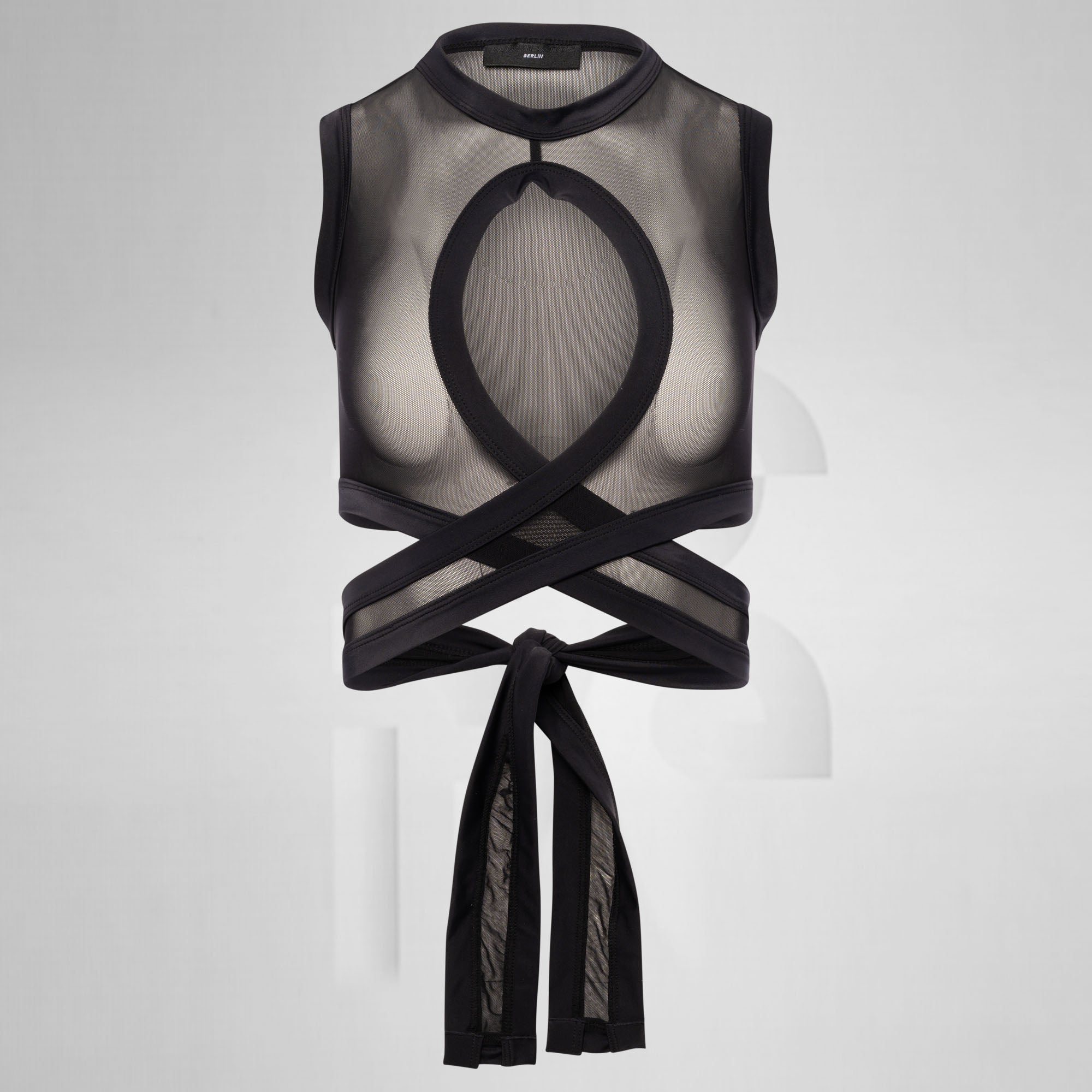 Black sheer sleeveless top with criss-cross design on a white background