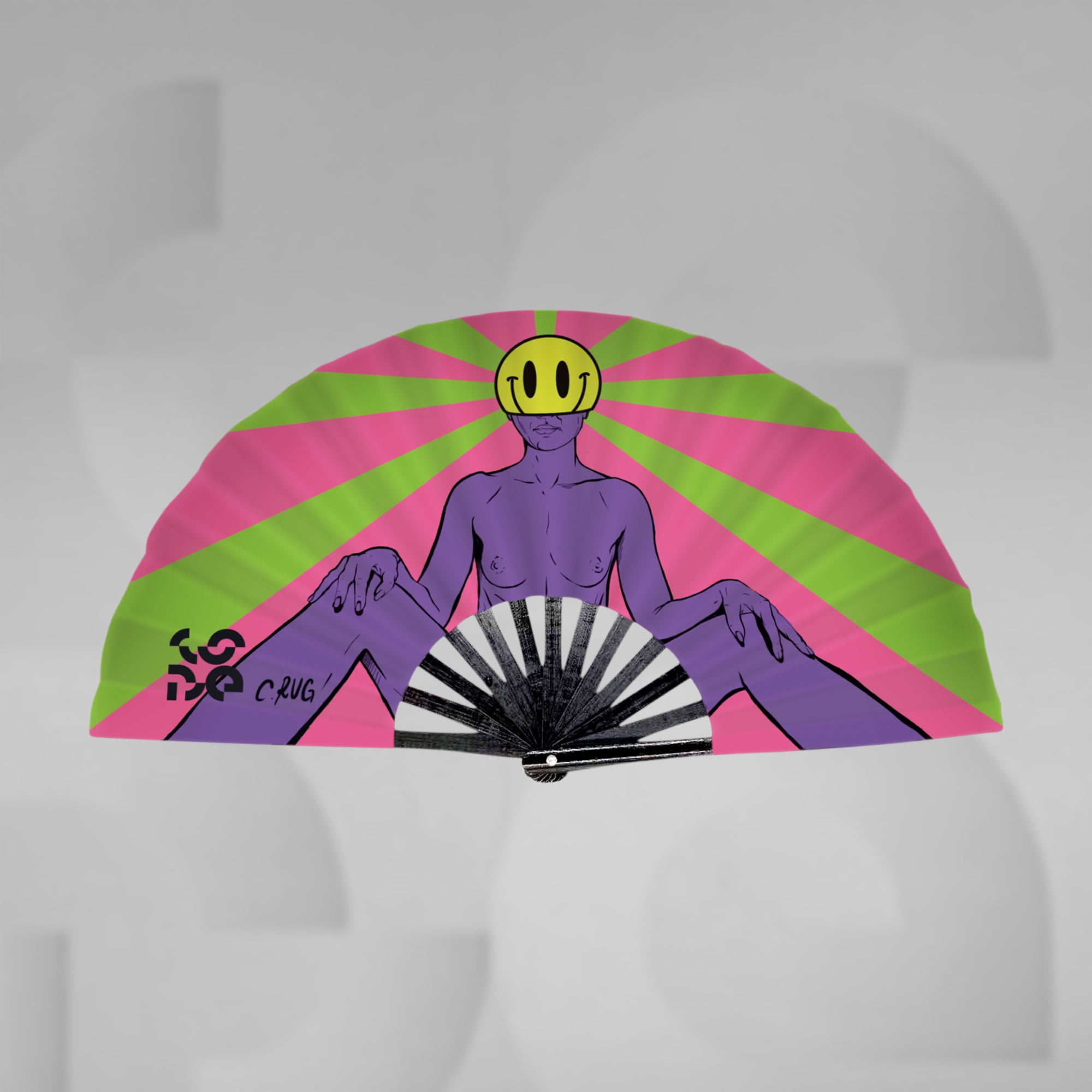 Colorful fan with a stylized illustration of a person holding a fan against a pink and green circular background.