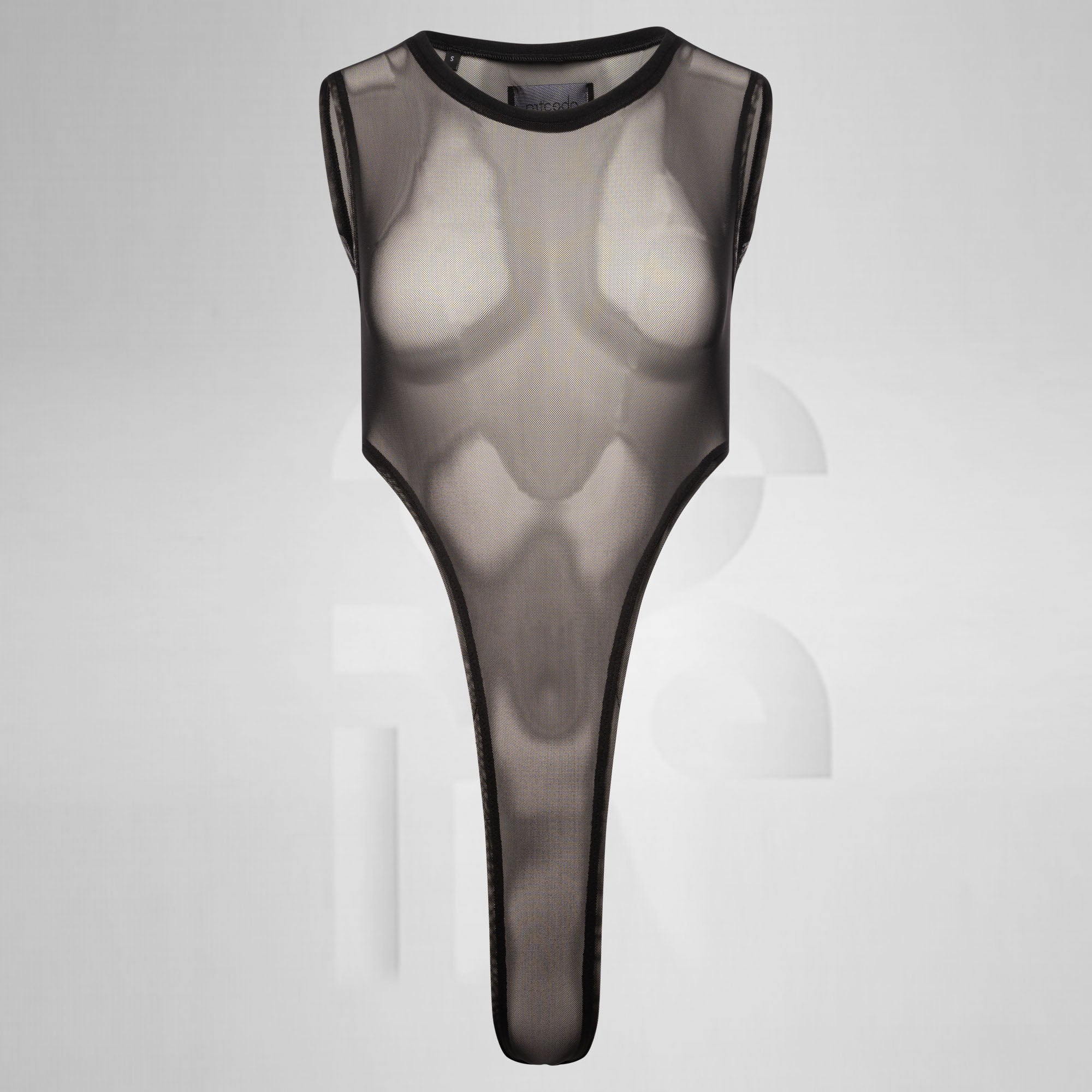 Sheer black bodysuit on a light gray background