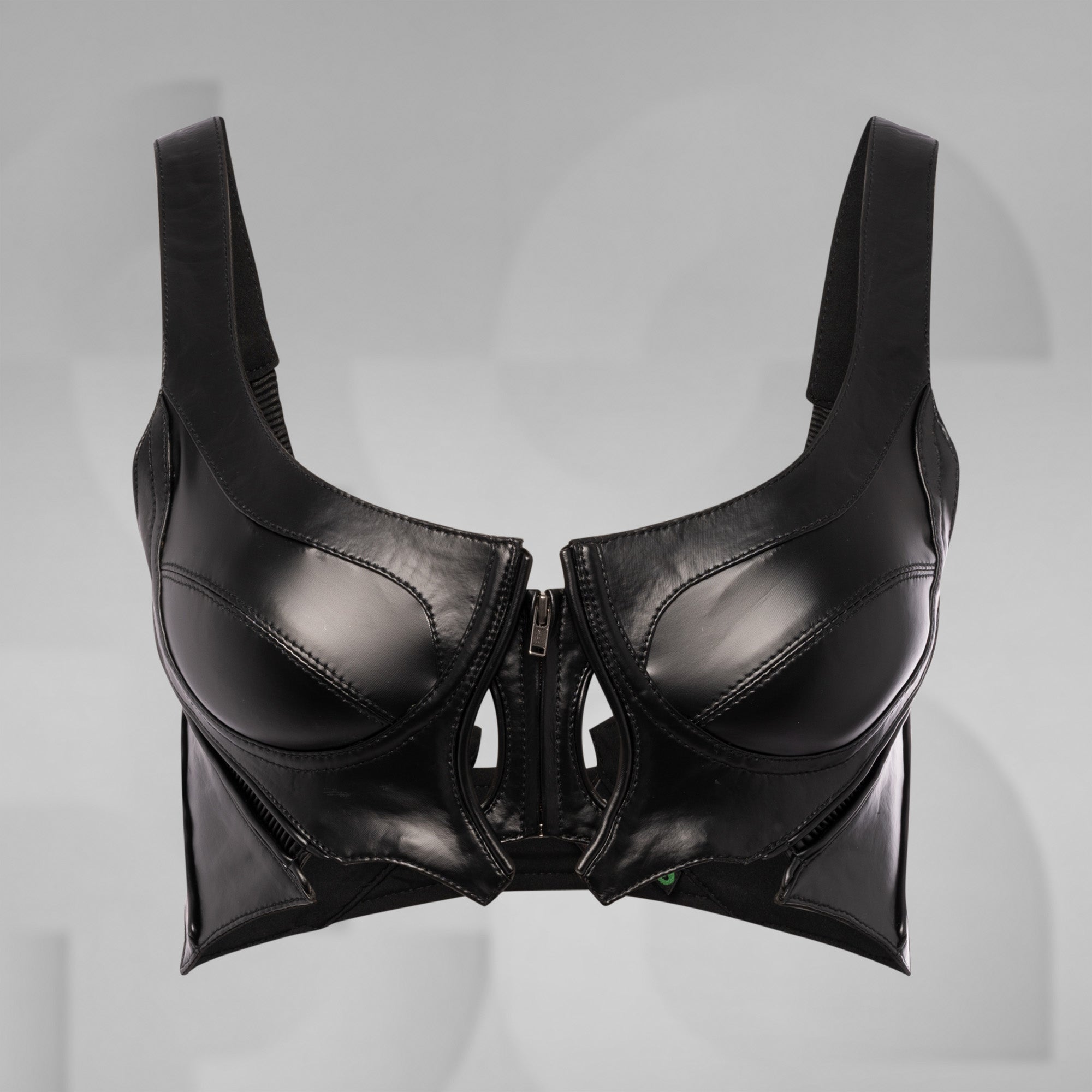 Black leather bra on a gray background