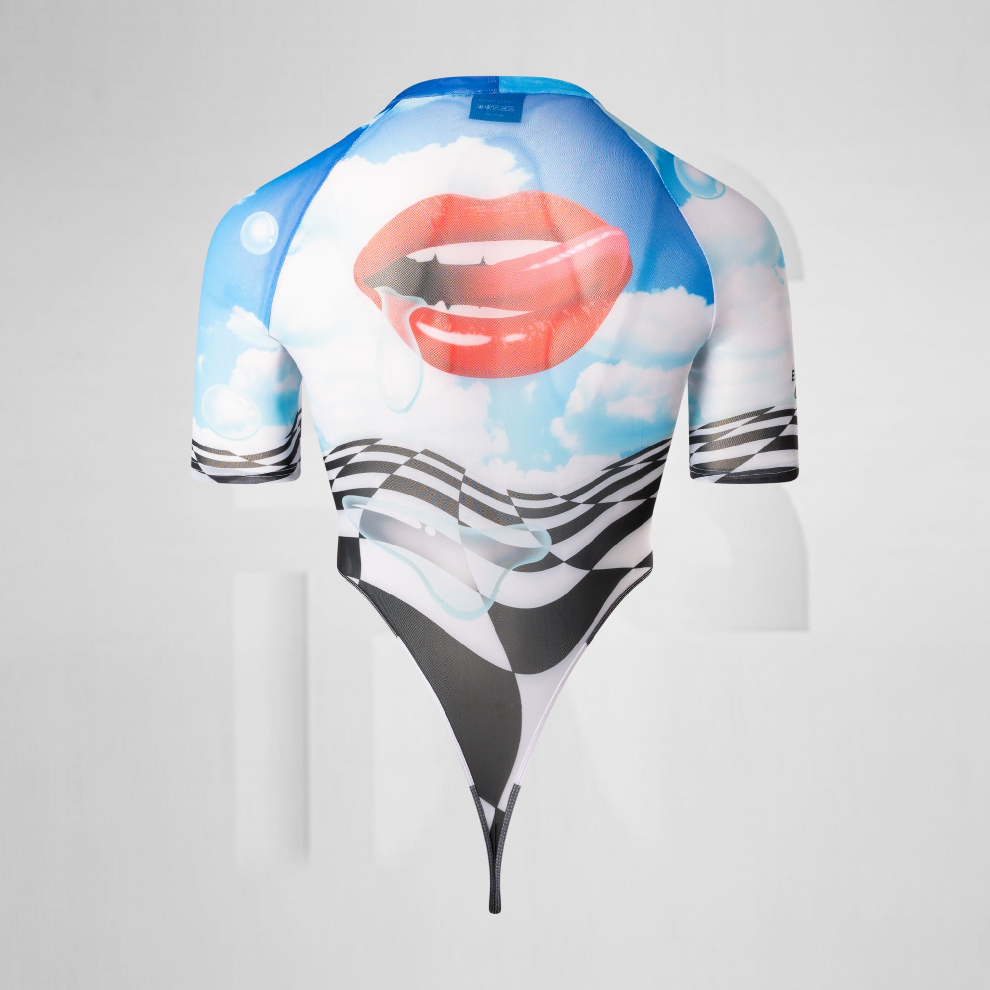 Cycling jersey with a unique design on a gray background