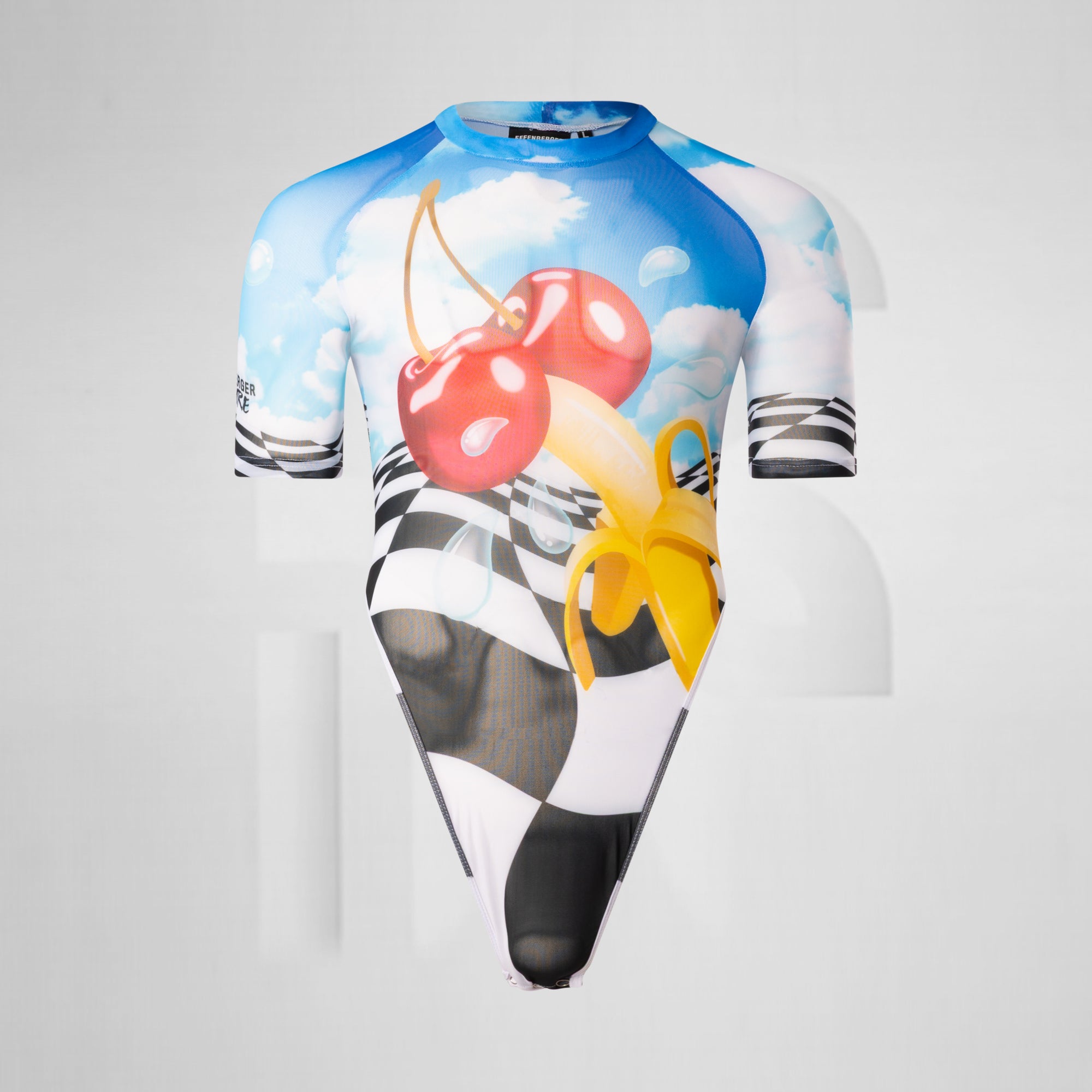 Cycling jersey with cherry, banana, and sky design on a white background