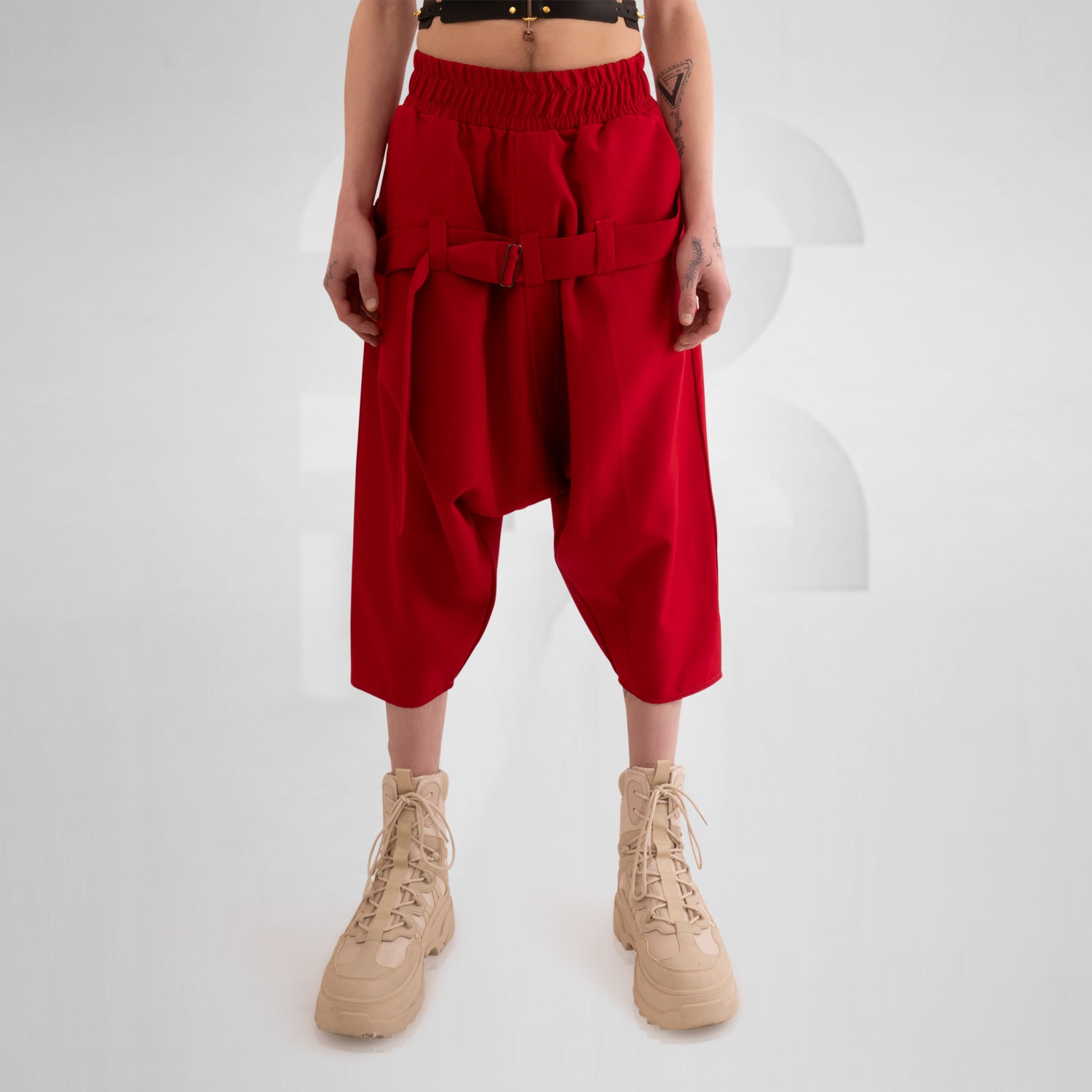 Red bondage trousers with strap detail, perfect for clubnights, festivals or every day wear