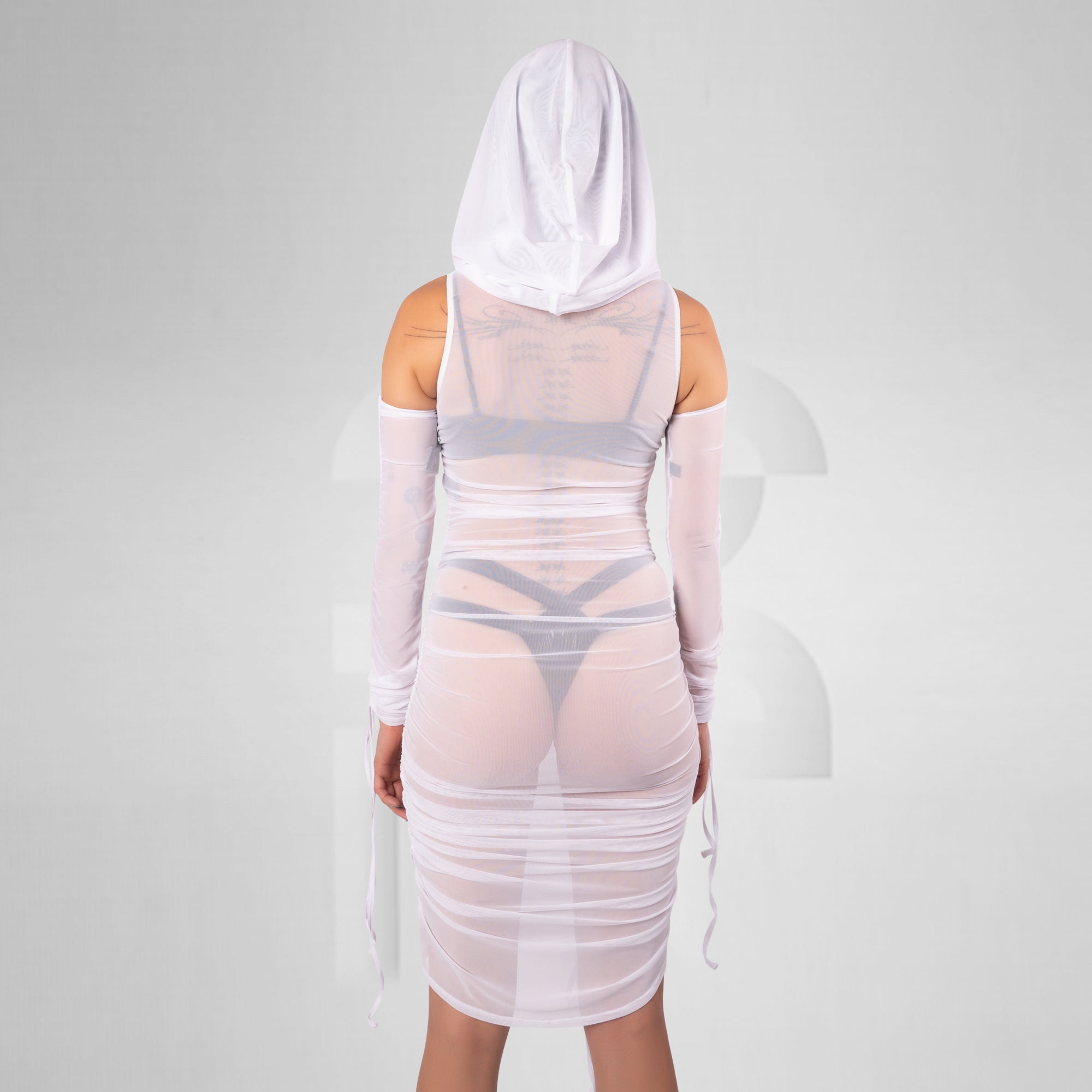 Hooded Ruched Dress with Sleeves
