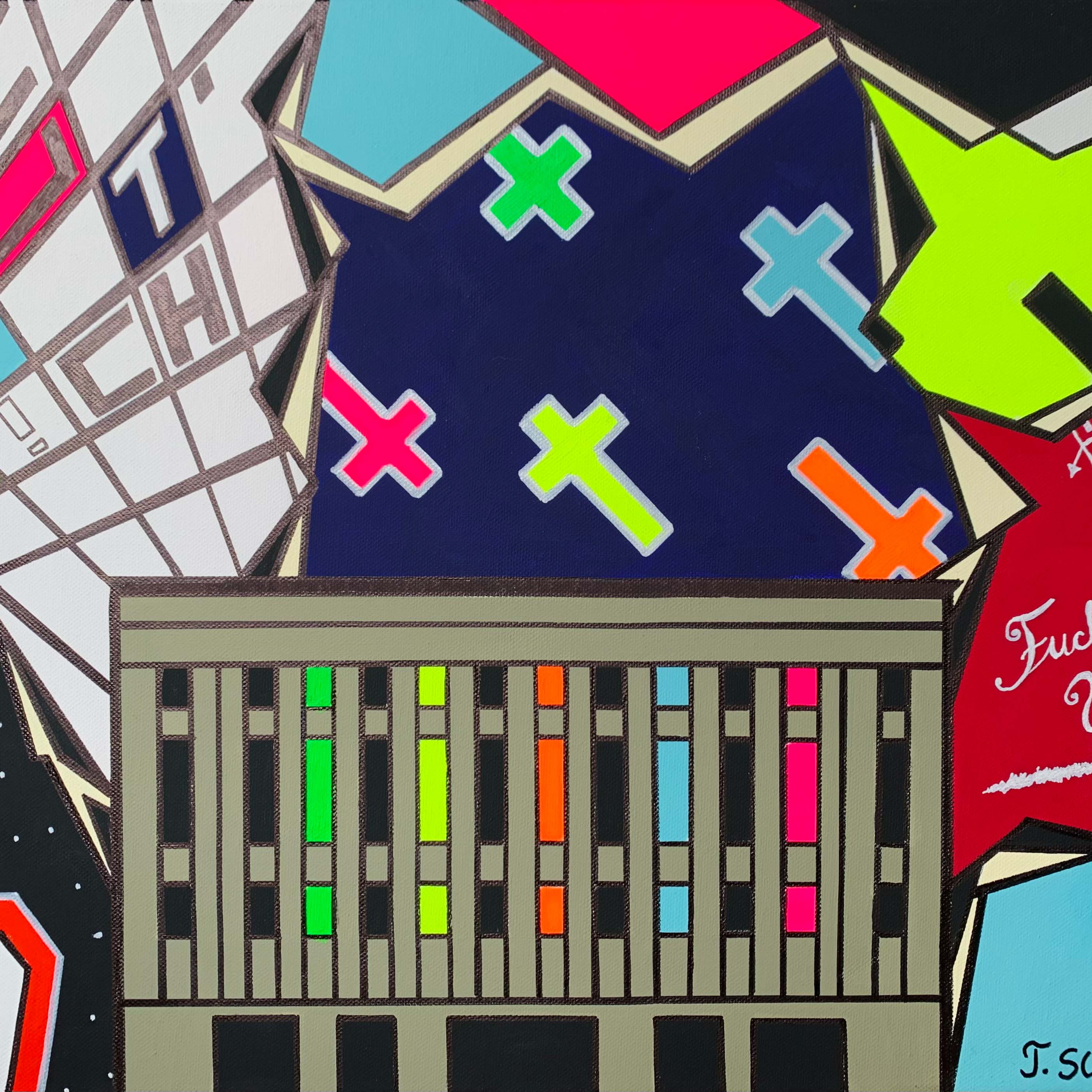 Colorful abstract artwork featuring the iconic facade of Berghain in Berlin, with neon crosses, bold geometric patterns, and expressive text like ‘Fuck U!’ and ‘T.’—symbolizing Berlin’s vibrant nightlife and club culture
