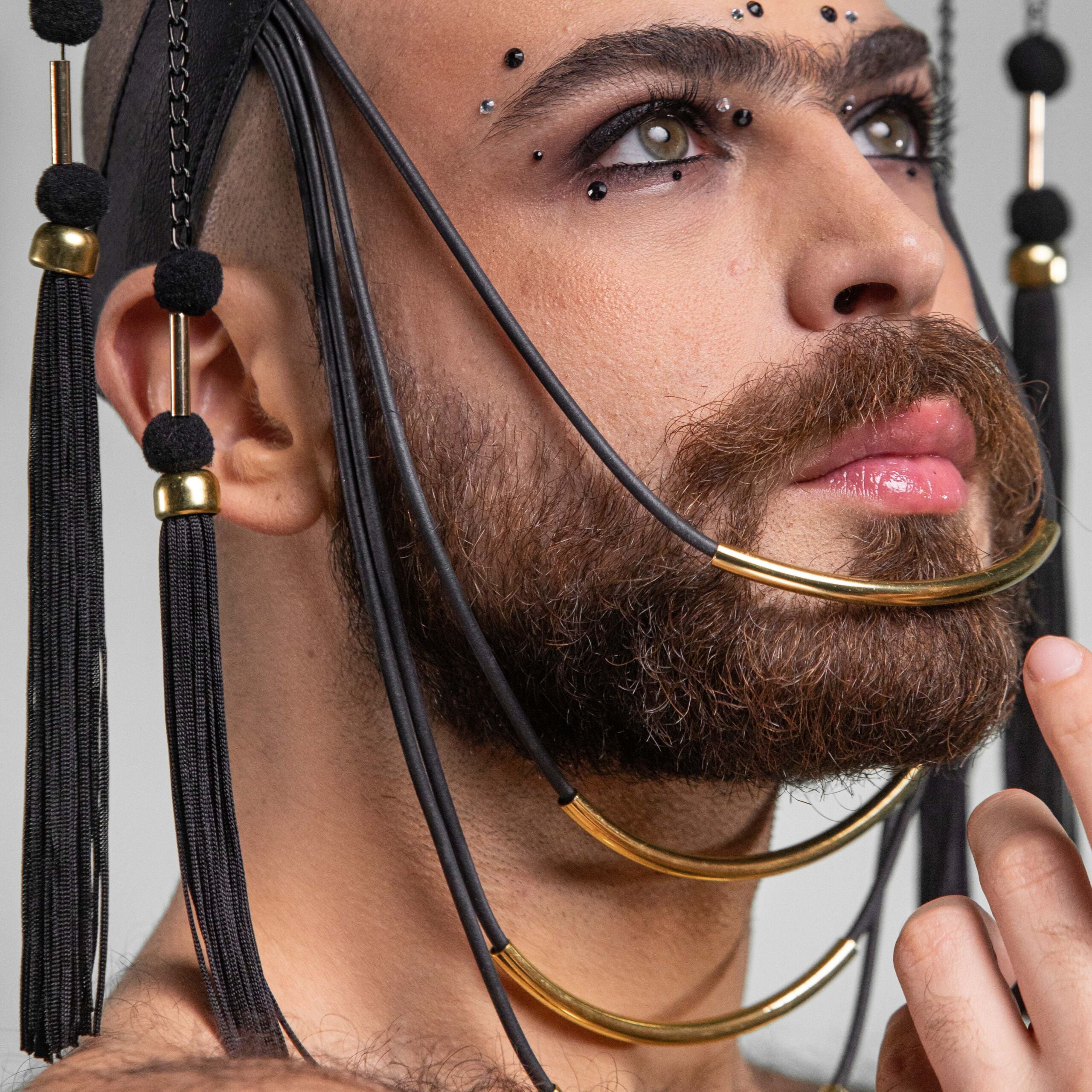 A mesmerizing headpiece, made from faux leather, feathers, PVC and brass.
