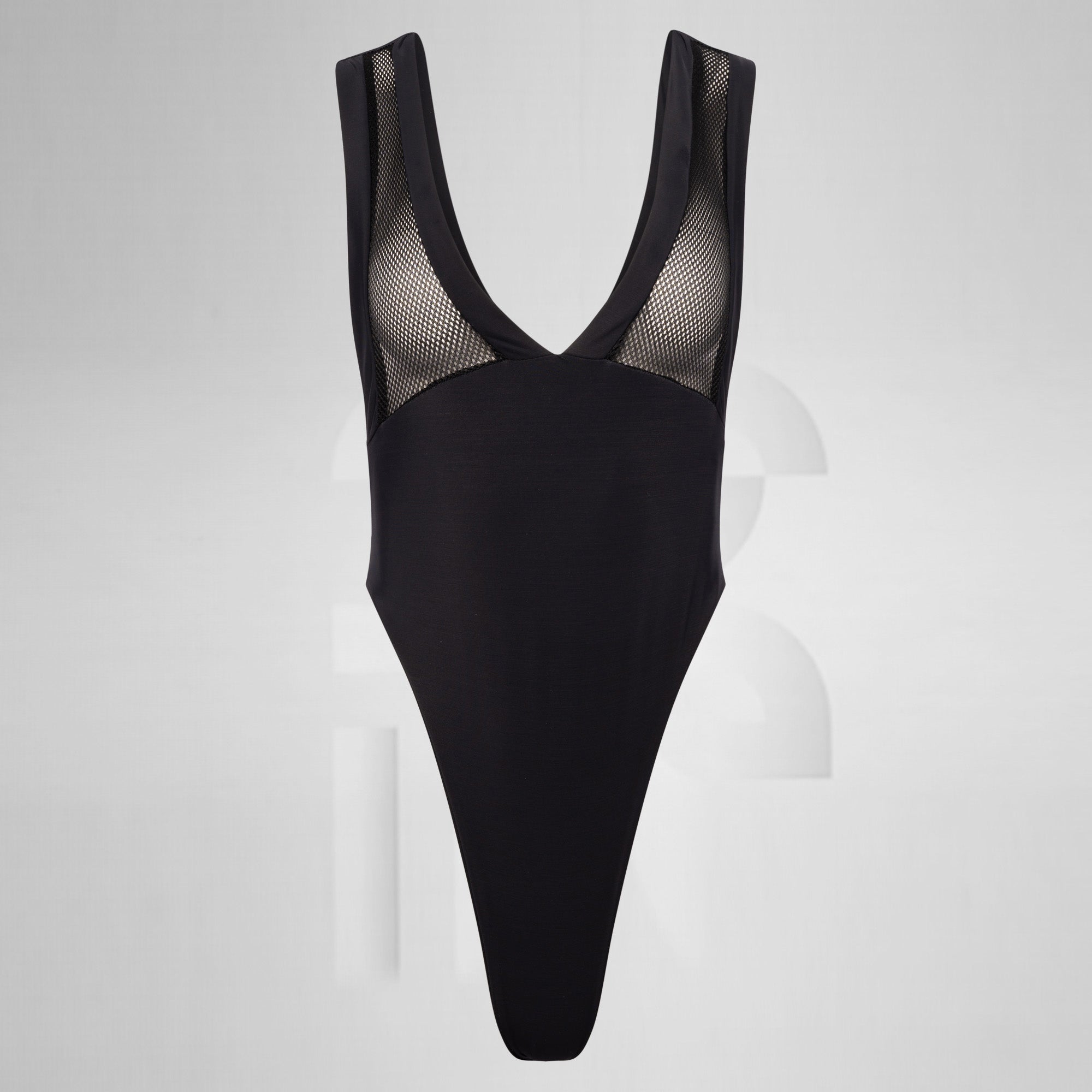 Black swimsuit with mesh detailing on a light gray background