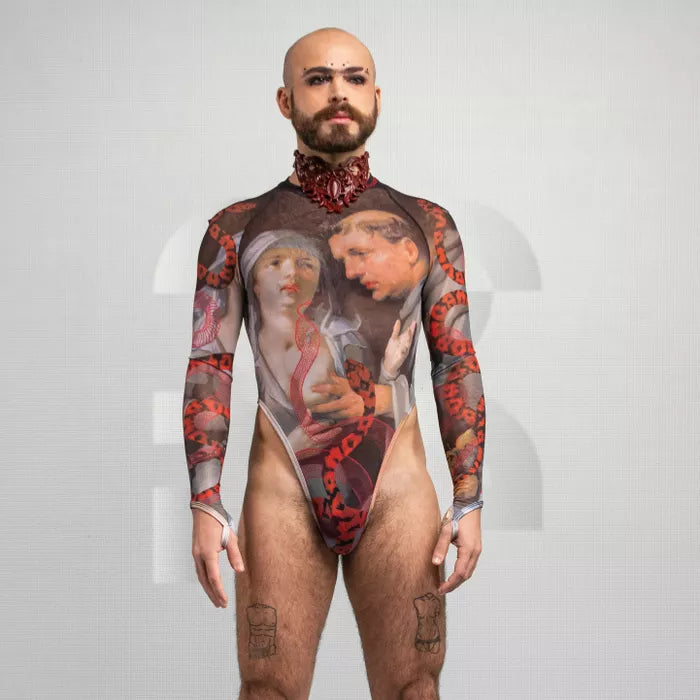  artistic bodysuit adorned with classical painting motifs and bold red designs. The long sleeves and high neckline add a dramatic flair, while the sheer fabric highlights the intricate artwork. The neutral background enhances the striking and creative nature of the ensemble.