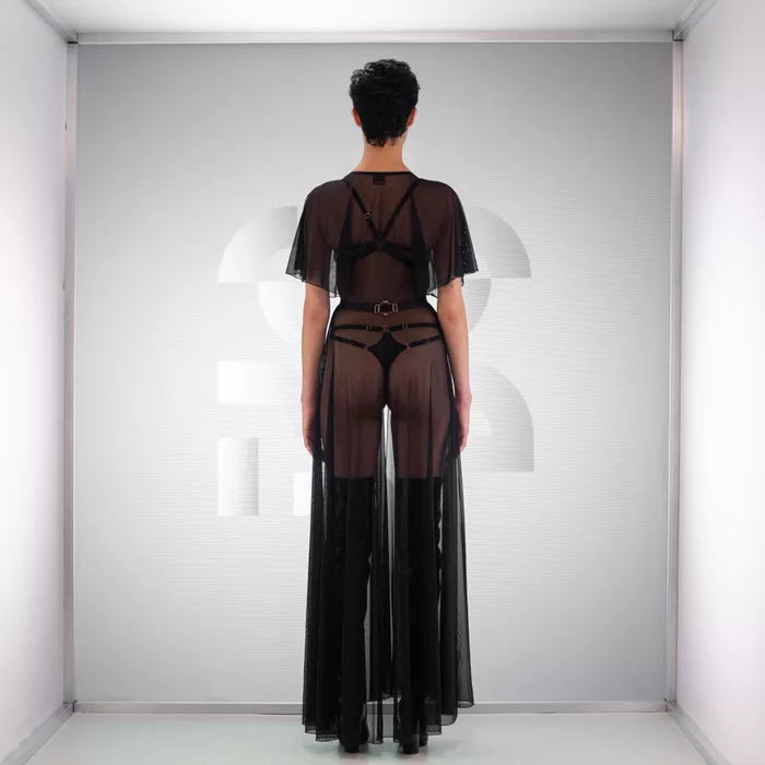 Back view of the flowing black sheer robe in a long cut, perfect for claiming the night's effortless elegance.