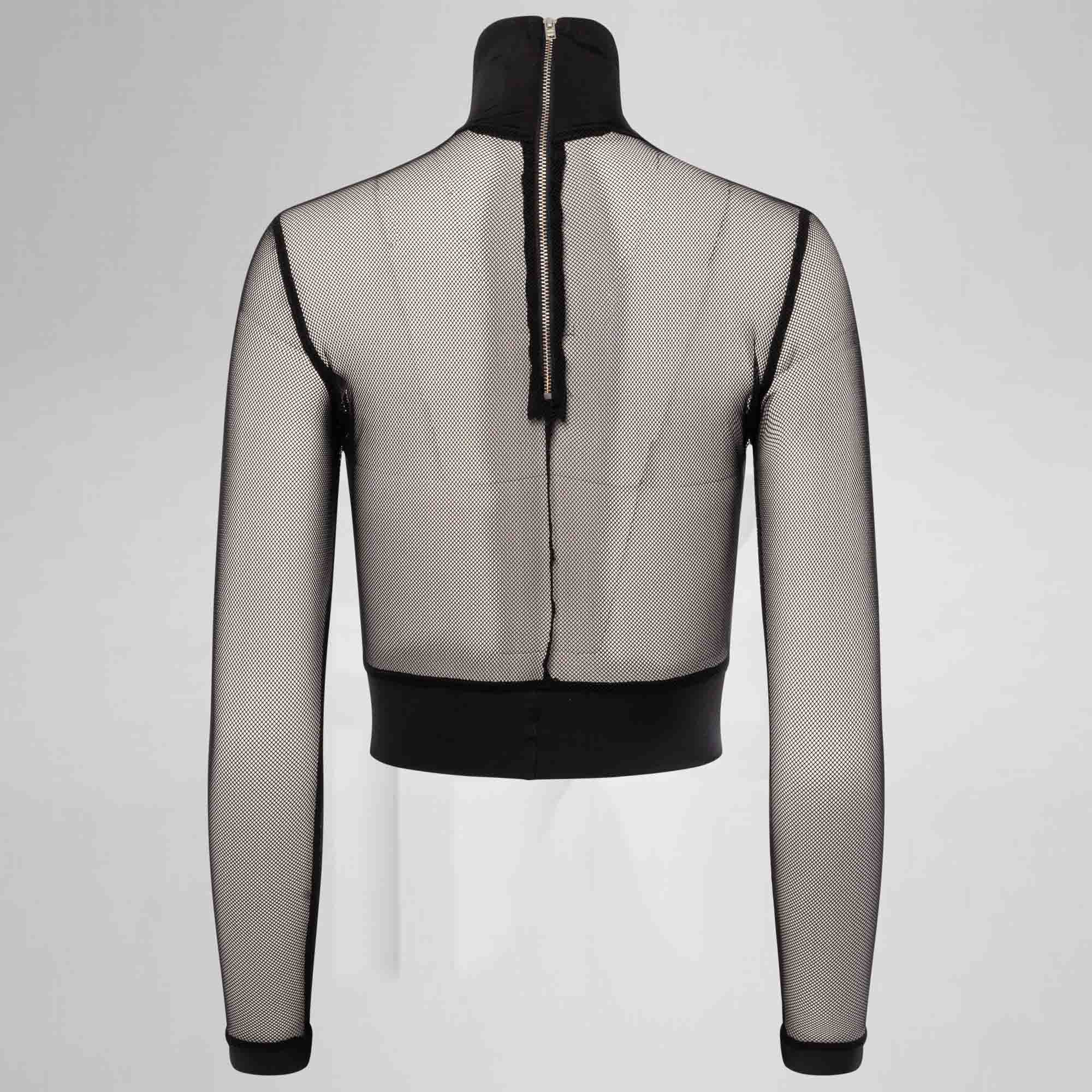 Mannequin wearing a sheer black jacket with a zipper on a light gray background