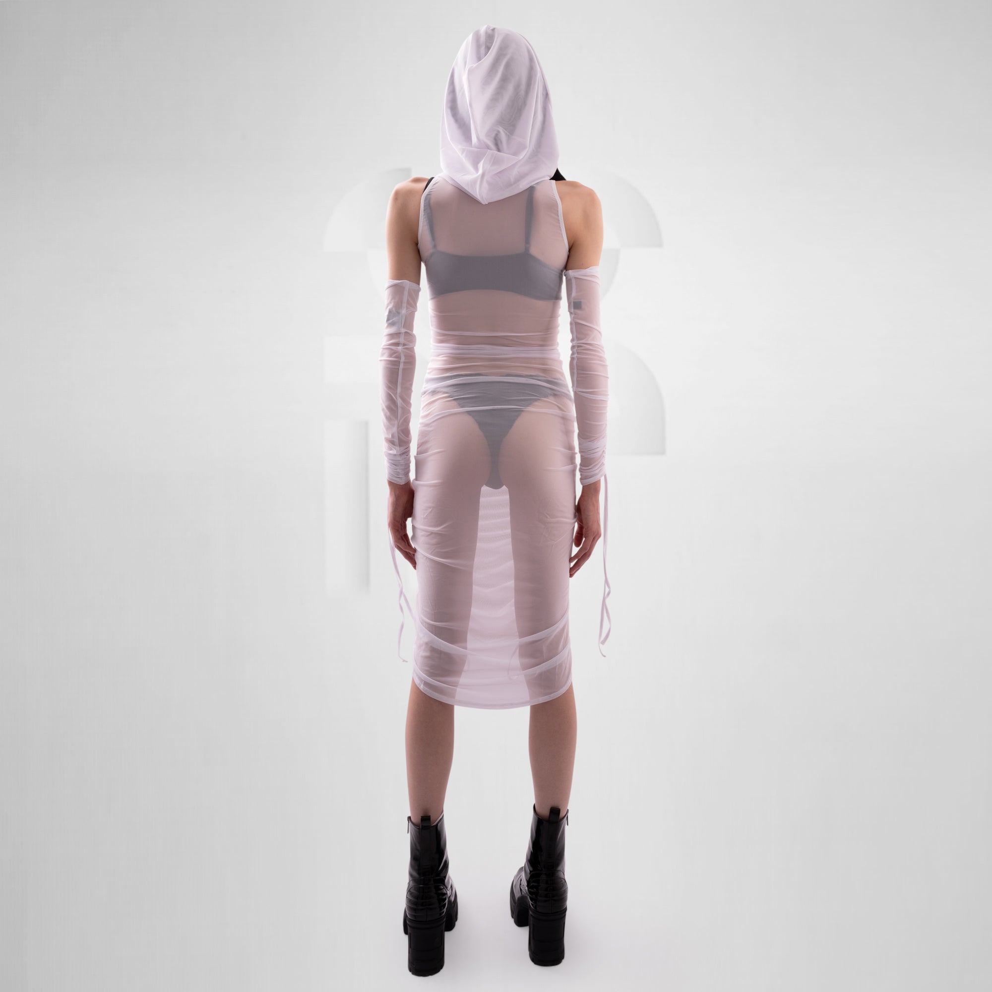 Person wearing a sheer dress with a hood on a white background