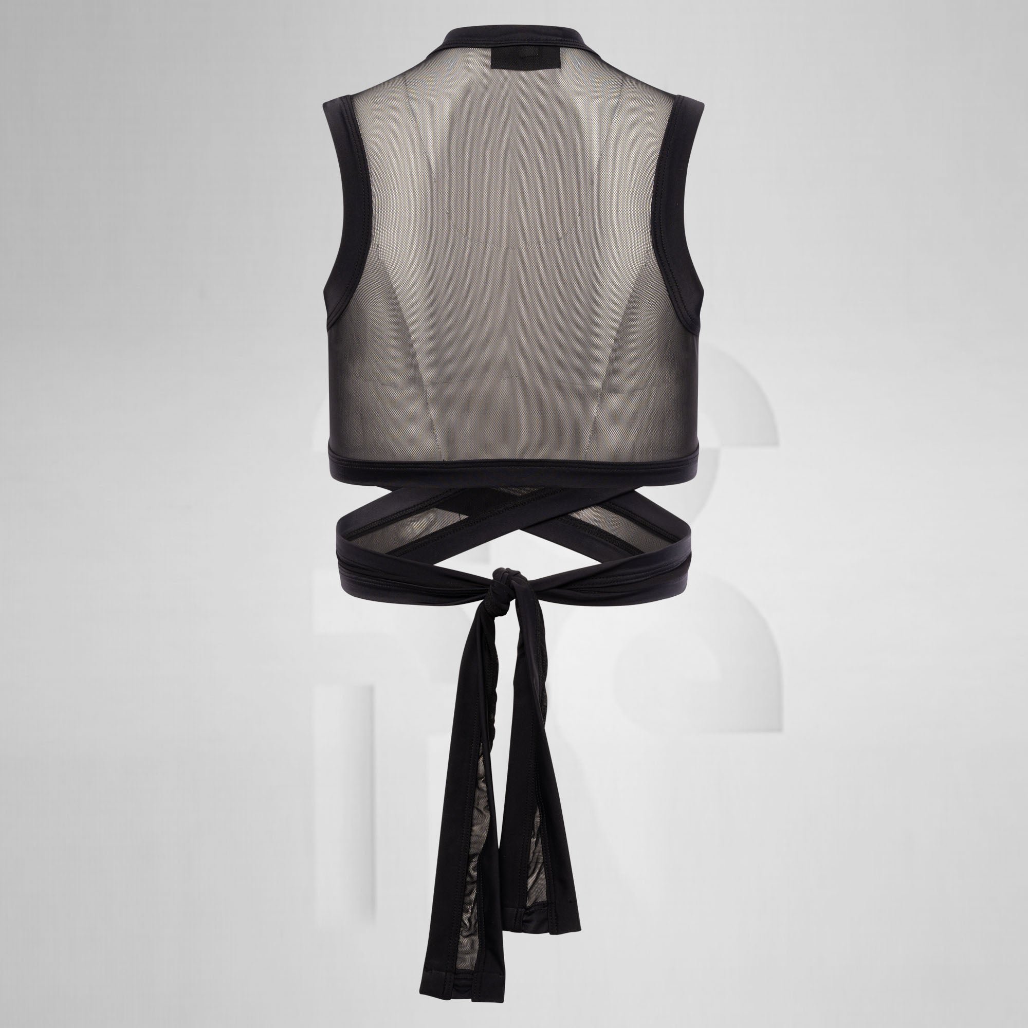 Black sheer top with tied front on a white background