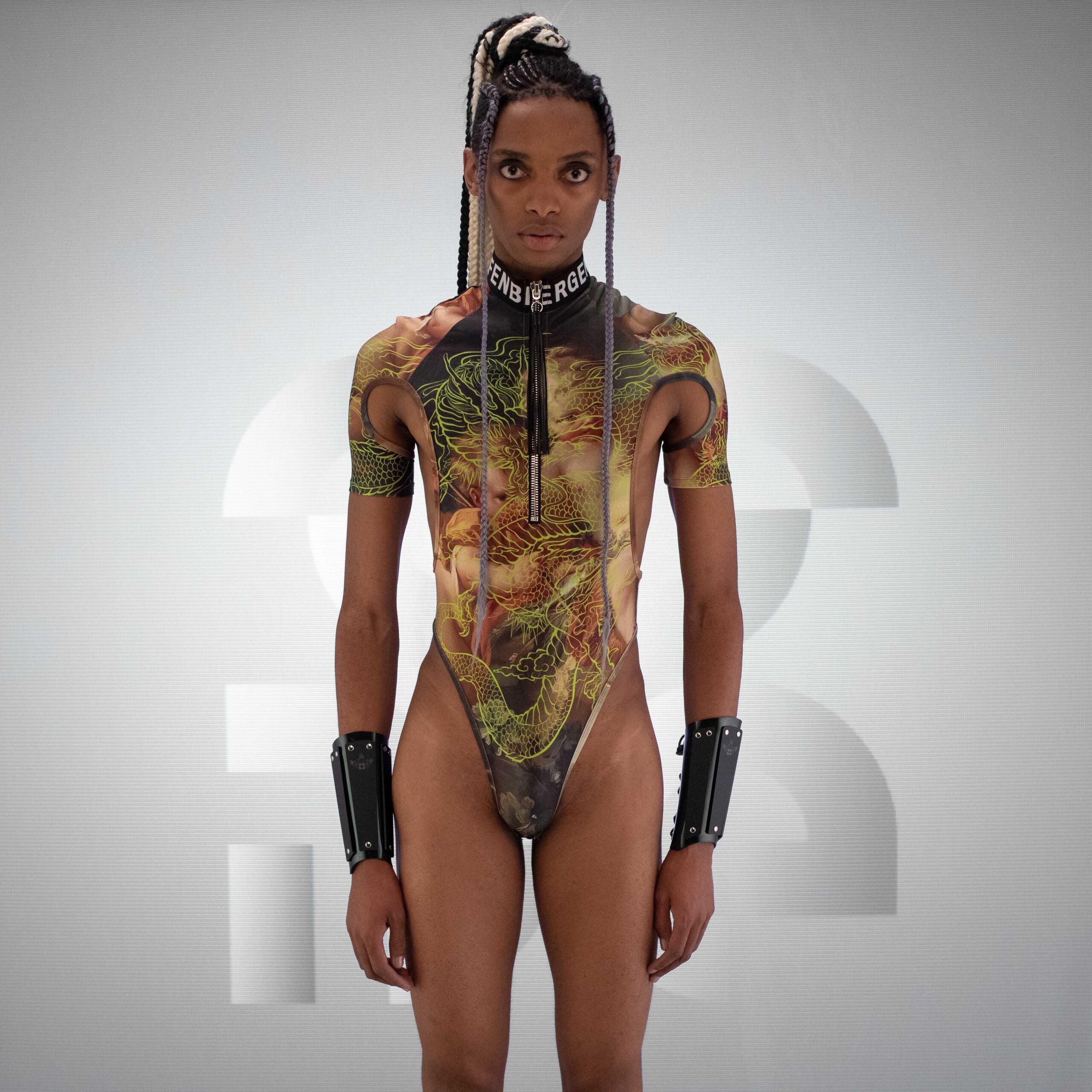 Front view of the igniting Neon Dragon Bodysuit with high neck and a thong by Effenberger Couture. 