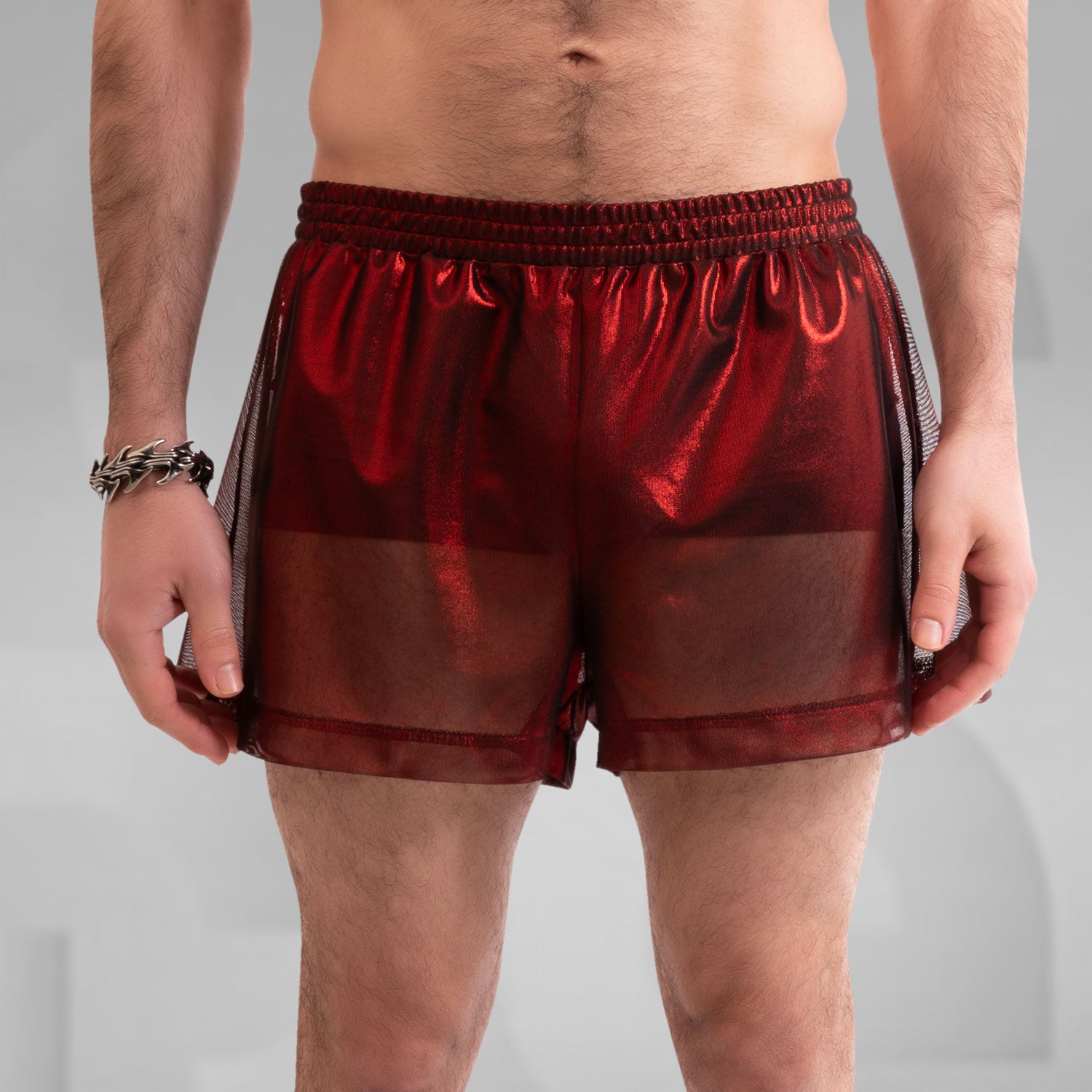 metallic shorts with disco festival vibe