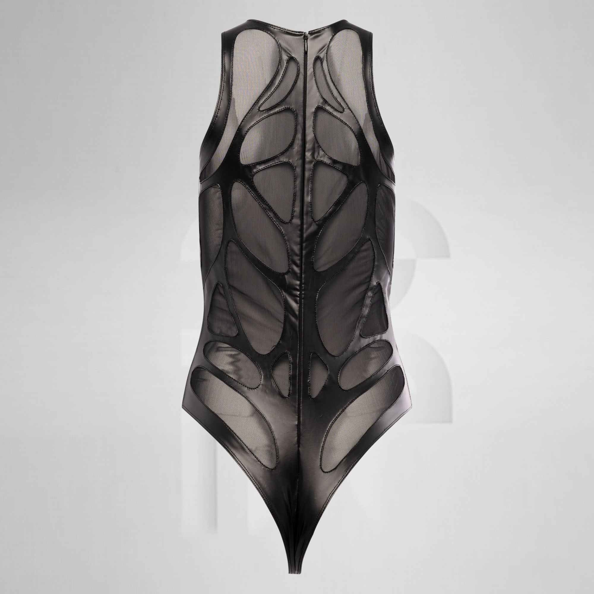 Black sheer bodysuit on a white background