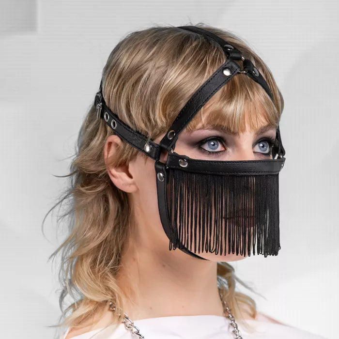Veil Face Harness by Cyberesque, featuring faux leather, flowing fringe, and adjustable straps. 