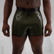 A pair of dark green latex pants featuring a 3D Latex brand ornament on the side.