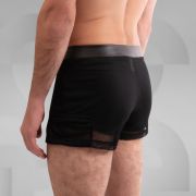 Sexy black leather shorts with alluring mesh details, perfect for Berlin's club scene.