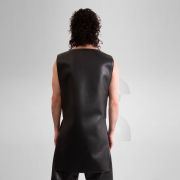 A close-up image of a vegan leather vest with an avantgarde geometric design.