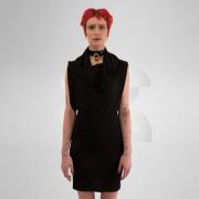 Black tube dress with unique neck detail that can be worn as a hoodie, creating an avant-garde look.