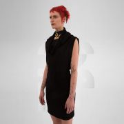 Black tube dress with unique neck detail that can be worn as a hoodie, creating an avant-garde look.