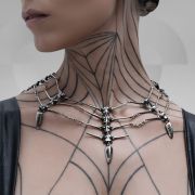 Multi-strand bib necklace with centipede exoskeleton web design