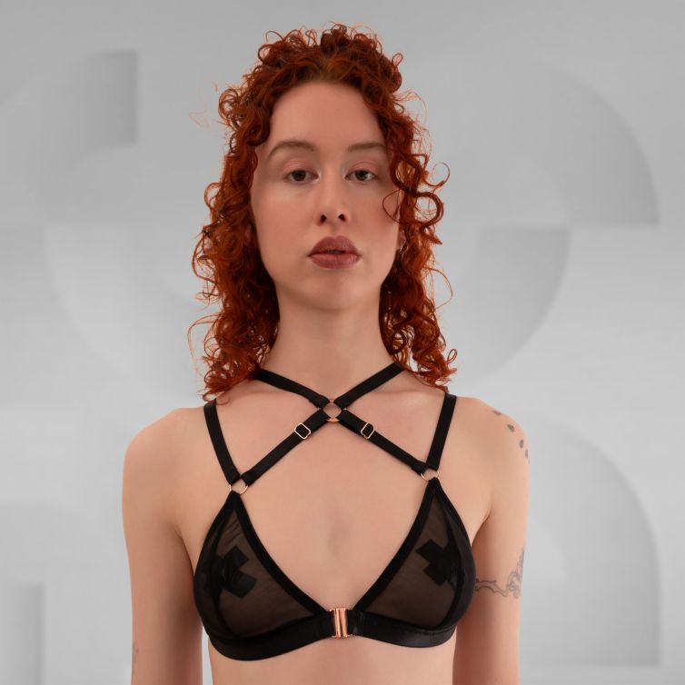 Black mesh fabric bra with harness