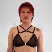 Black mesh fabric bra with harness