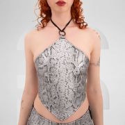 Stylish silver PVC snake skin rombo top featuring a lace tightening detail at the back.