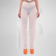 Gender-neutral white mesh pants with a relaxed fit, designed for the Berlin club scene and modern clubwear fashion