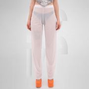 Gender-neutral white mesh pants with a relaxed fit, designed for the Berlin club scene and modern clubwear fashion