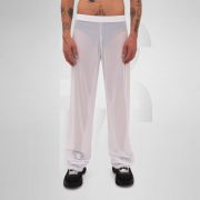 Gender-neutral white mesh pants with a relaxed fit, designed for the Berlin club scene and modern clubwear fashion